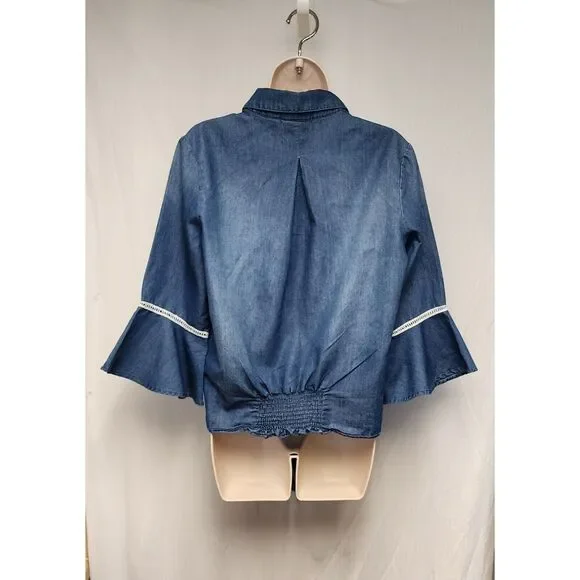 Westbound Blue Denim Womens 3/4 Bell Sleeve Front Tie Blouse Size Medium - Picture 3 of 5